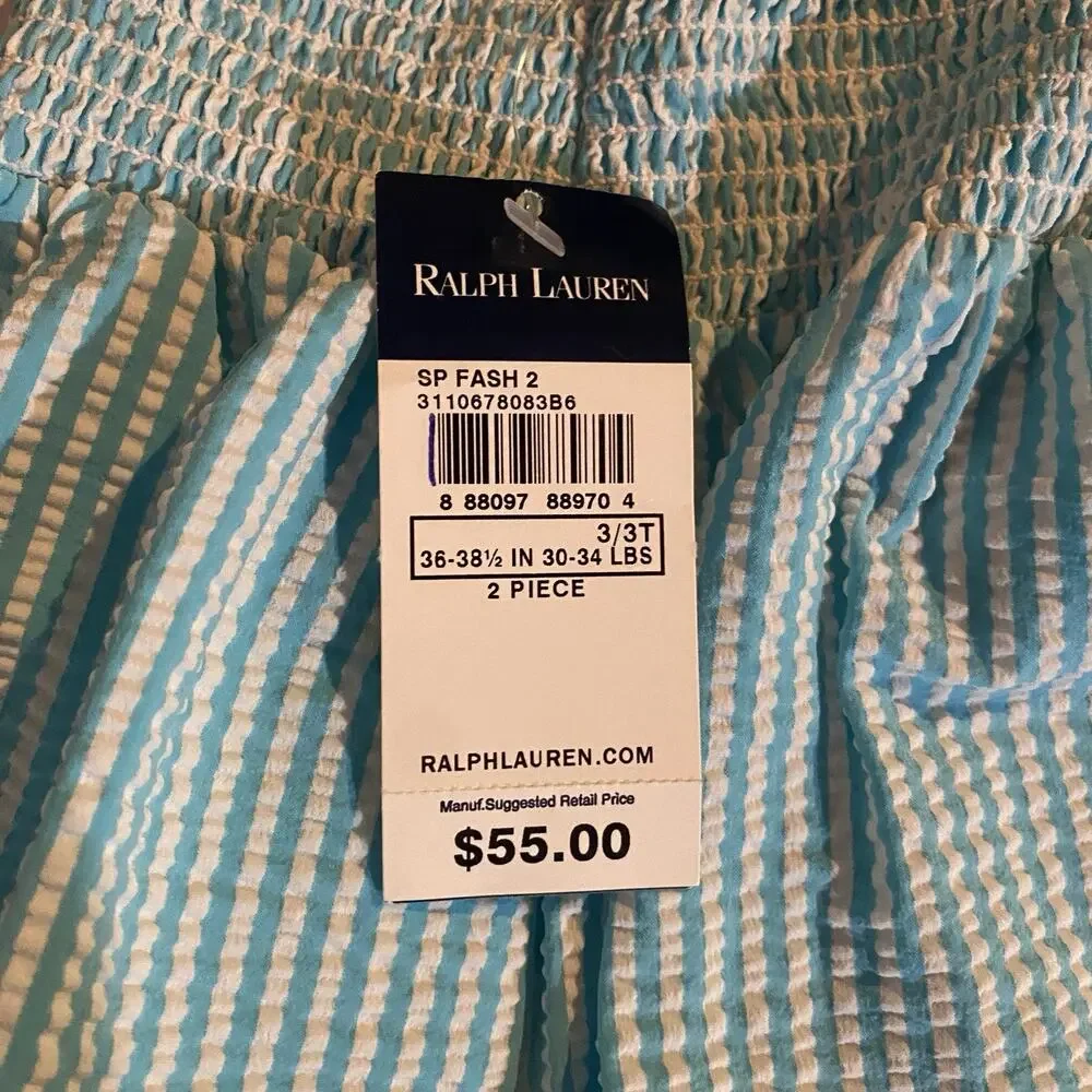 Ralph Lauren Infant Baby Girl Smocked Dress Top Size 3/3T Blue White 1 Piece NWT